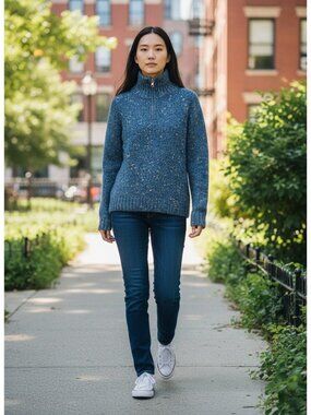 Charter Club Womens Blue Speckled Half-Zip Sweater P/L Wool Blend Petite Fit